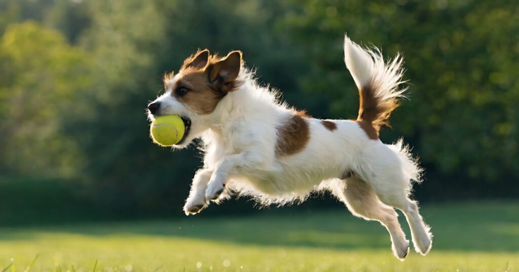 jack russell terrier dog playing with a ball at the park